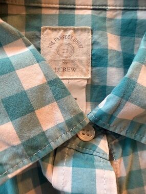 J. Crew Men's Teal and White Gingham Button-Down Shirt